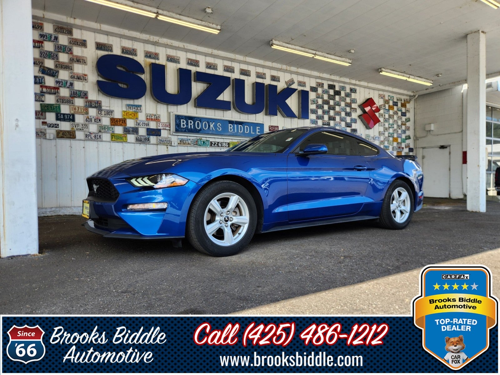 2018 Ford Mustang EcoBoost in Lightning Blue Metallic — front three-quarter view
